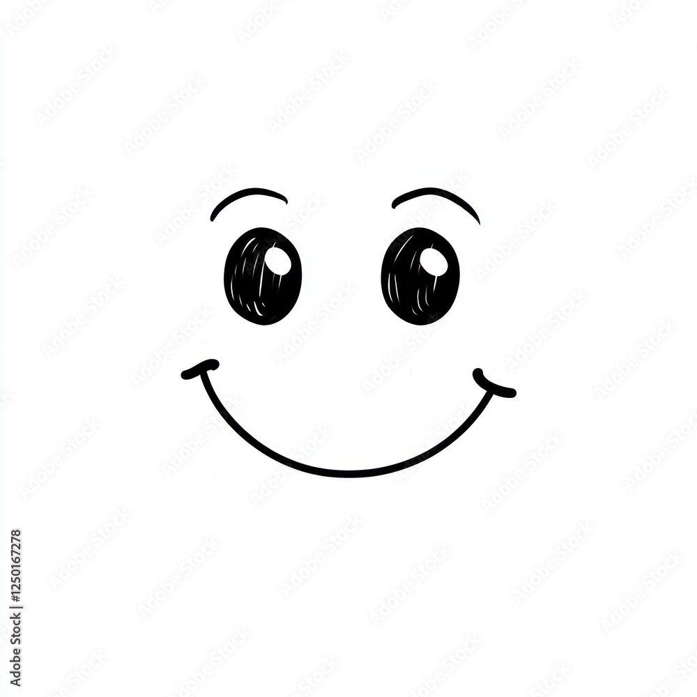 Minimalist black and white cartoon illustration of a cheerful smiling face with large expressive eyes on a white background Minimalist black and white cartoon illustration of a cheerful smiling face with large expressive eyes on a white background