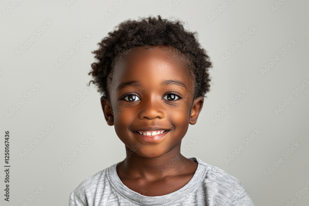 young african boy with bright smile, standing confidently in front of a simple white background. He is dressed in his casual, everyday attire, conveying sense of happiness and warmth.