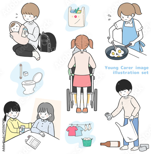 社会問題 日常的に家事や家族の世話を行うヤングケアラーのイラストセット