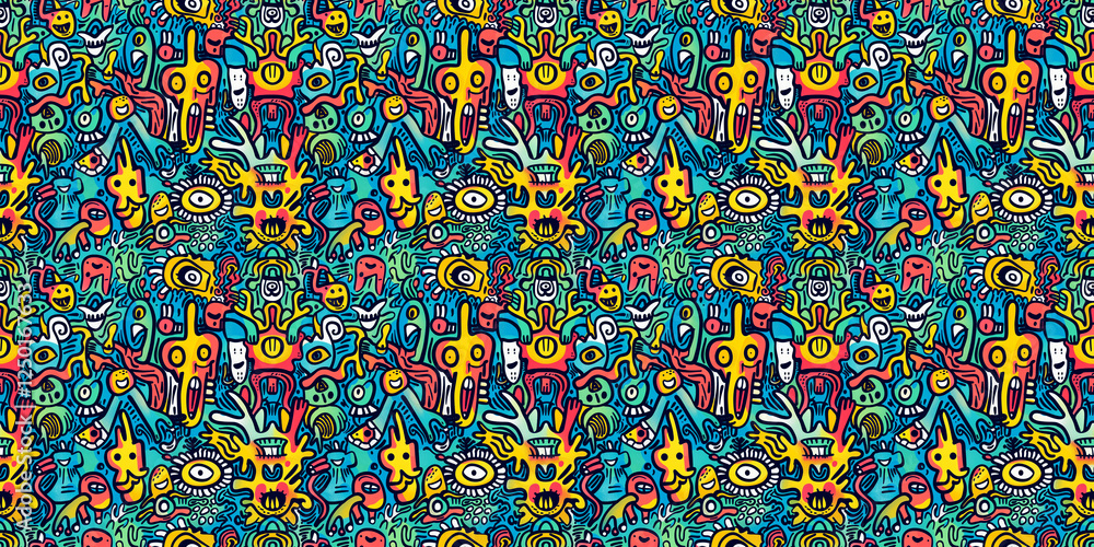 Naklejka premium Cartoon hand-drawn doodles on the subject of summer holidays theme seamless pattern