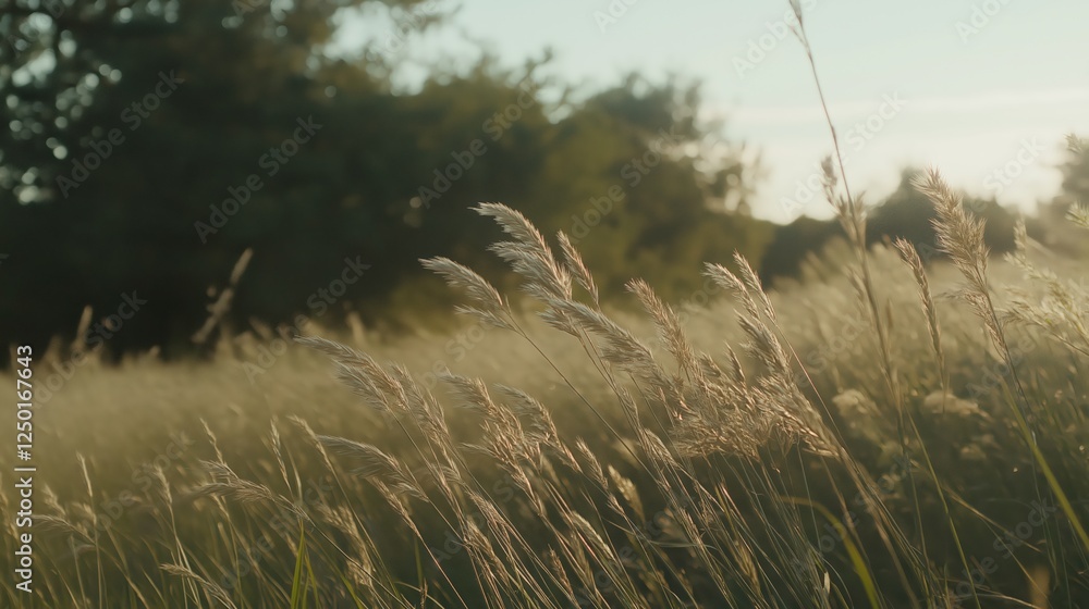Obraz premium Golden Meadow Grass Field at Sunset