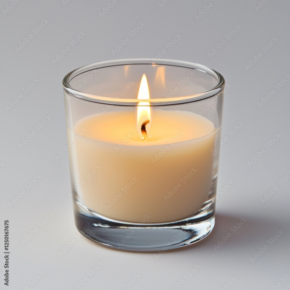 A glowing scented candle in a transparent glass jar placed on a clean, minimalistic background, creating a cozy atmosphere. A glowing scented candle in a transparent glass jar placed on a clean, minimalistic background, creating a cozy atmosphere.