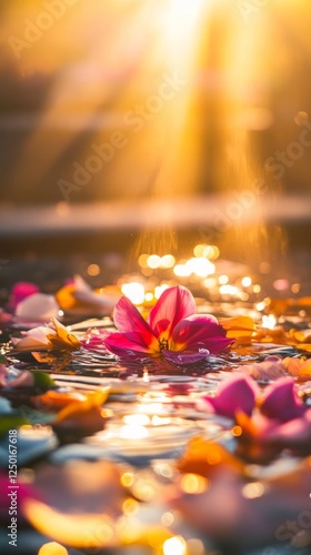 Wallpaper Mural Vibrant water splashes with floral petals during Thai Songkran, golden sunlight reflections, warm tropical tones. Torontodigital.ca