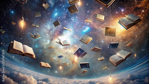 Galactic Volumes Suspended in Cosmic Expanse,, cosmic landscape, books,  cosmic landscape, books, nebula