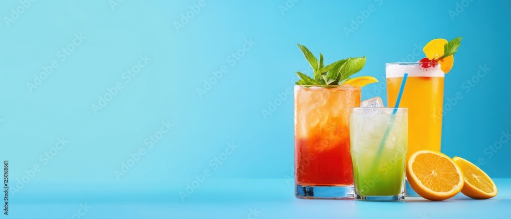 Fototapeta premium Colorful Refreshing Cocktails on Blue Background in Bright Light