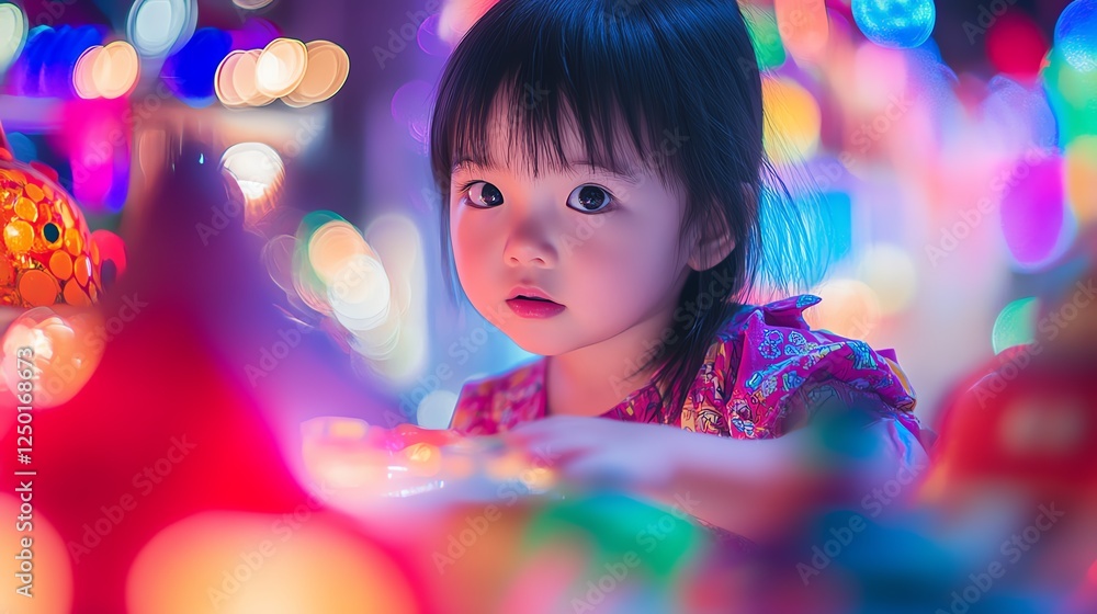 Child Enjoying Colorful Lights During Festive Celebration at Night in a Vibrant Setting Child Enjoying Colorful Lights During Festive Celebration at Night in a Vibrant Setting