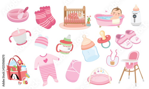 Baby element vector set in cartoon style. Baby girl item clipart in flat design. Baby shower concept.  Products, furniture for caring newborn baby or infant. Crib, bathtub, bottle, high chair, shoes