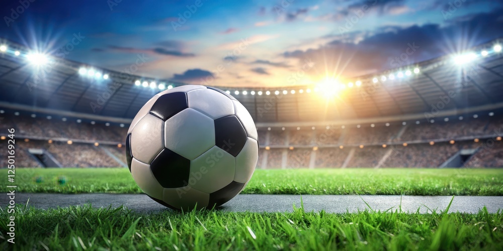 Naklejka premium A soccer ball placed on a lush green field with a blurred stadium in the background, conveying a sense of isolation and focus on the game , football, green field