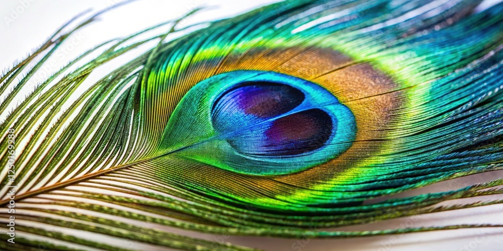 Obraz premium Macro Peacock Feather Photography: Stunning Close-up Images of Blue, Green, and iridescent Peacock Feathers on White