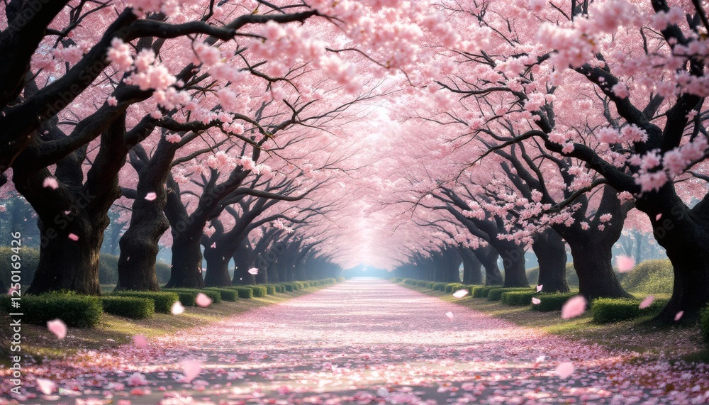 Fototapeta premium Serene Pathway Beneath Blooming Cherry Blossoms in Springtime