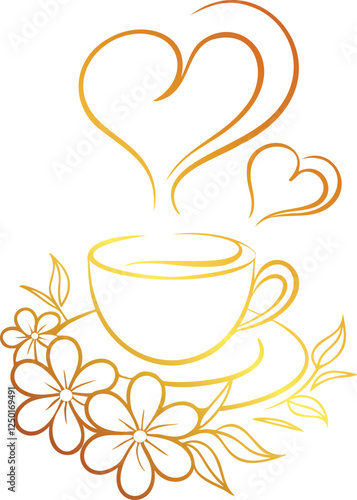 Golden gradient steaming coffee cup with heart-shaped steam and botanical flowers line art book vector design