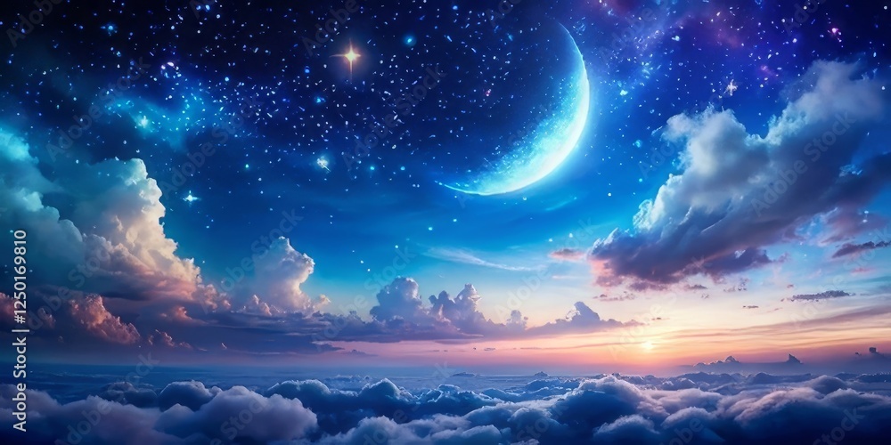 Serene Twilight Sky with Moon, Stars, and Colorful Clouds at Dusk Serene Twilight Sky with Moon, Stars, and Colorful Clouds at Dusk