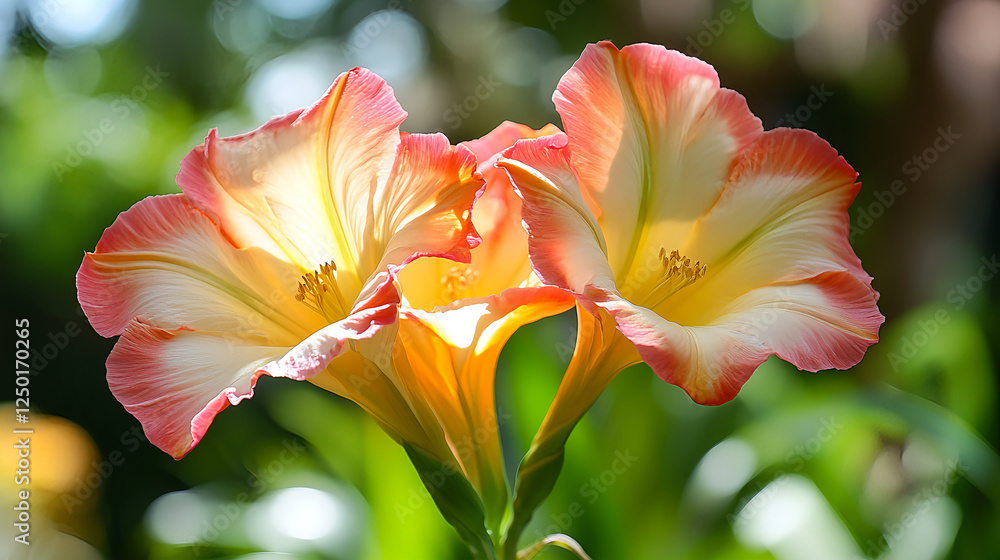 A close-up of the delicate, multi-colored flowers and leaves on an exotic shrub in full bloom, with sunlight filtering through the lush green foliage, creating a bokeh effect in the background. A close-up of the delicate, multi-colored flowers and leaves on an exotic shrub in full bloom, with sunlight filtering through the lush green foliage, creating a bokeh effect in the background.