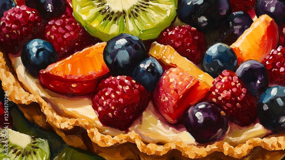 Colorful Fruit Tart With Fresh Berries, Kiwi, and Citrus on a Wooden Table in a Bright Kitchen