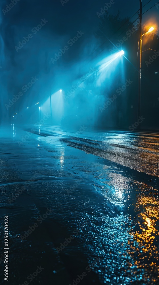 Obraz premium Dark street, wet asphalt, reflections of rays in the water. Abstract dark blue background, smoke, smog. Empty dark scene, neon light, spotlights. Concrete floor
