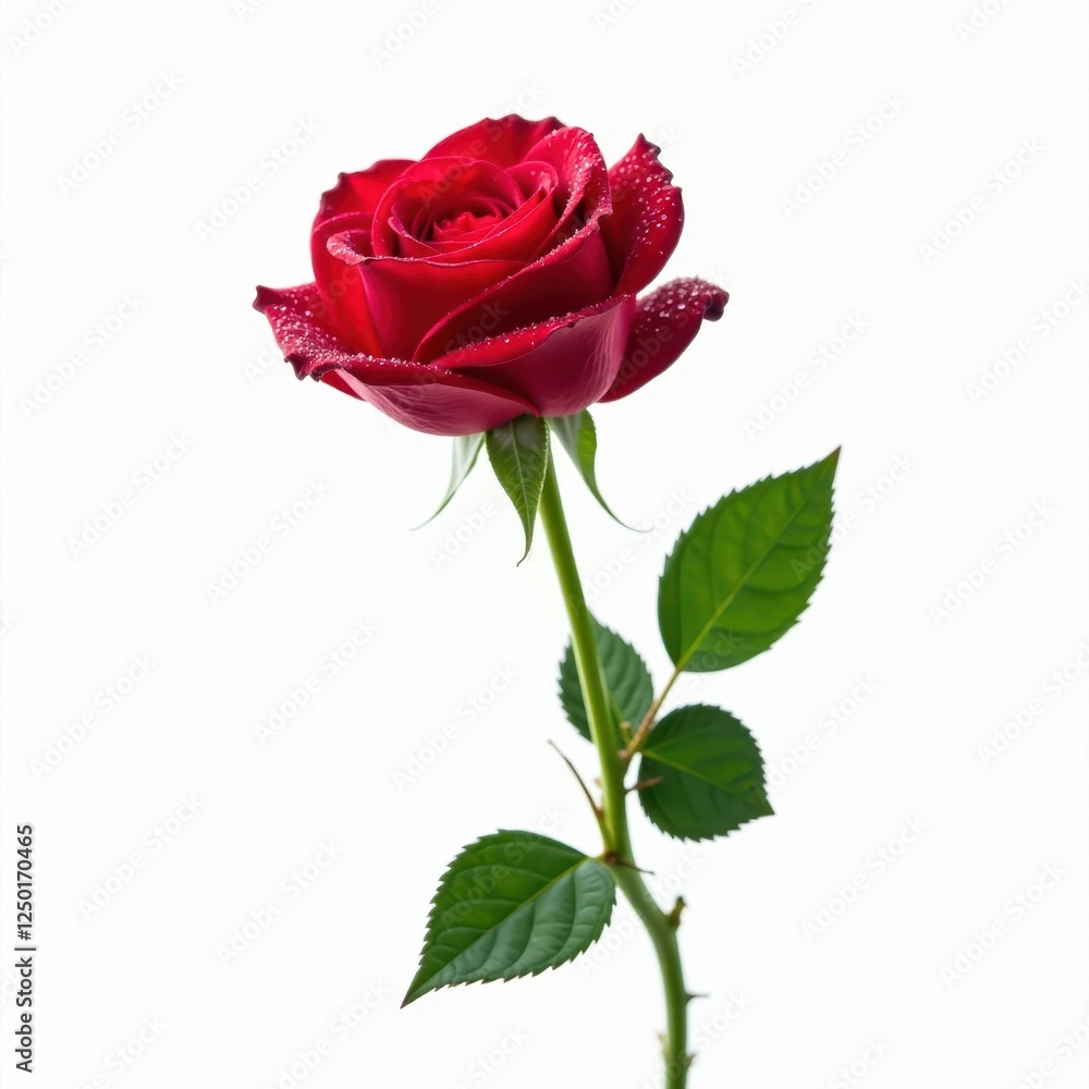 Naklejka premium Single long-stemmed red rose, dew drops glistening , long stem rose, love, bloom