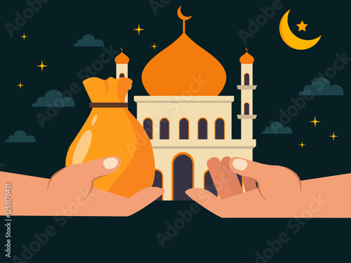 Man giving alms to the mosque. Moslem illustration. Flat vector illustration concept.