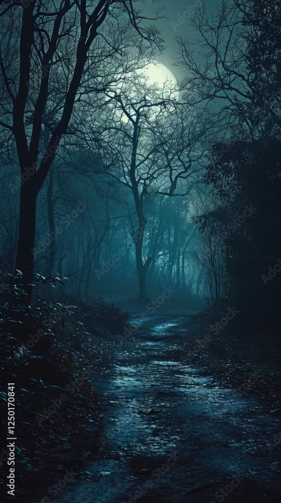 Fototapeta premium Dark forest. Gloomy dark scene with trees, big moon, moonlight. Smoke, shadow. Abstract dark, cold street background. Night view