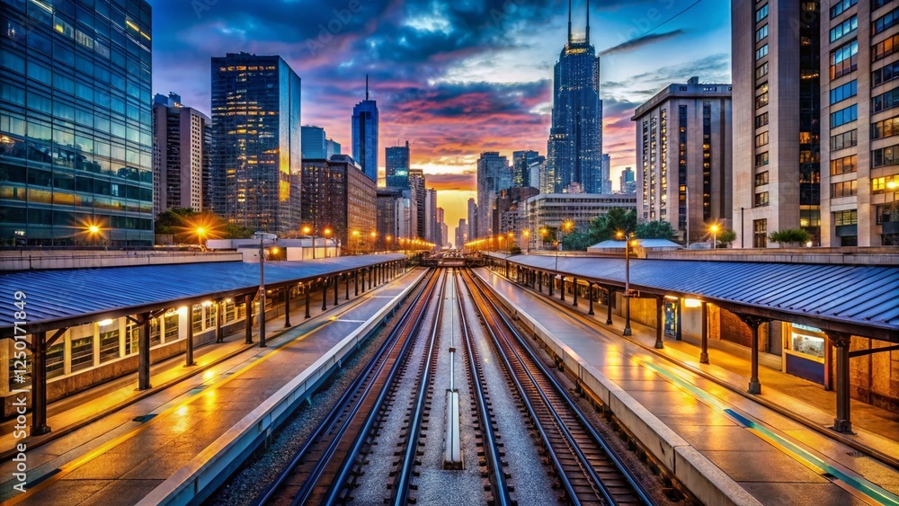 Fototapeta premium Deserted Chicago Commuter Train Station Platform - Drone Aerial View