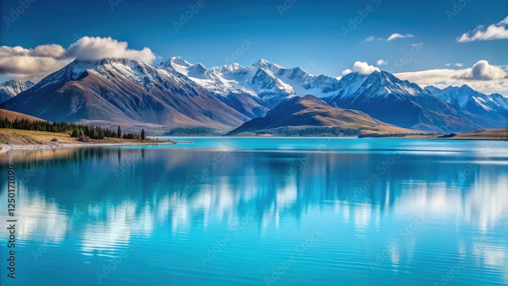 Naklejka premium Minimalist Photography of Lake Pukaki in New Zealand with Turquoise Waters and Majestic Mountain Range - Serene Landscape, Nature Beauty, Tranquil Scene