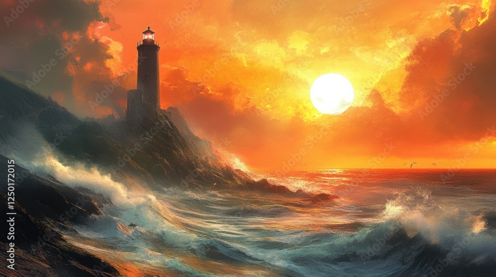A vibrant sunset scene featuring a lighthouse on a rocky shore with crashing waves. A vibrant sunset scene featuring a lighthouse on a rocky shore with crashing waves.