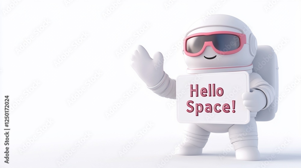 Cute cartoon astronaut wearing sunglasses waves and holds a sign saying Cute cartoon astronaut wearing sunglasses waves and holds a sign saying