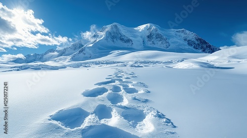 Snow-covered landscape with mountain peaks under a clear blue sky and visible footprints leading forward