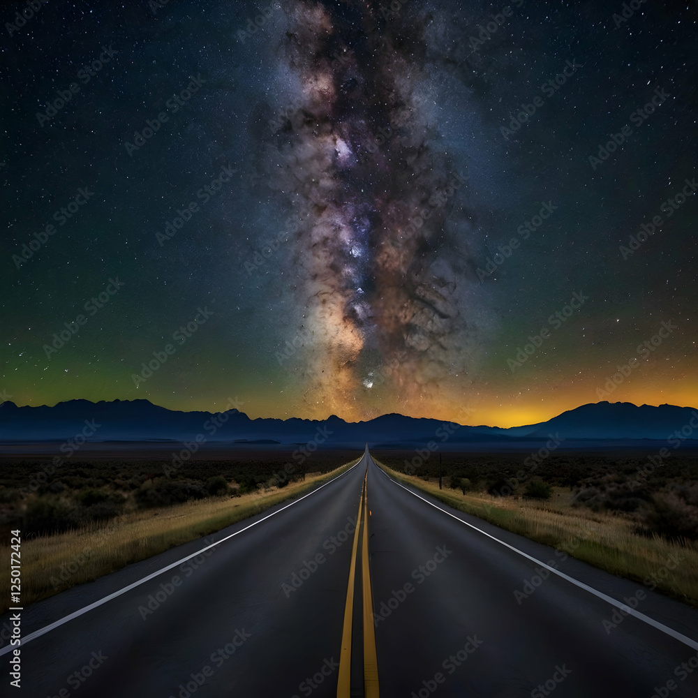 Naklejka premium A mesmerizing nighttime scene with a long, straight road illuminated by the glow of countless stars. The Milky Way stretches across the sky, and the faint silhouette of distant mountains adds depth.