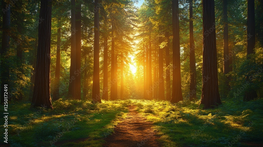 Fototapeta premium Sunlight filtering through tall trees in a serene forest, creating a magical atmosphere