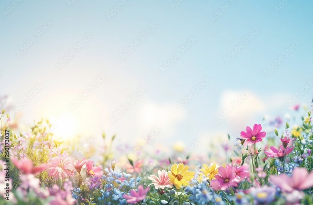 Vibrant wildflowers bloom in a sunny meadow under a clear blue sky. Vibrant wildflowers bloom in a sunny meadow under a clear blue sky.