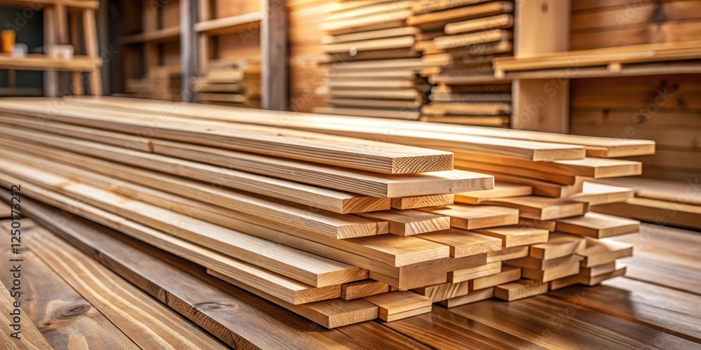 Fototapeta premium wooden tongue groove boards stacked neatly on a wooden workbench, wooden planks, nature, wooden planks