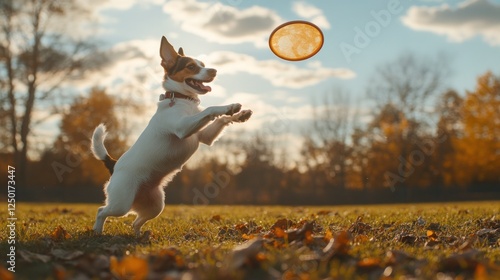 A happy dog leaps into the air to catch a frisbee in a park with golden autumn leaves on the ground. photo