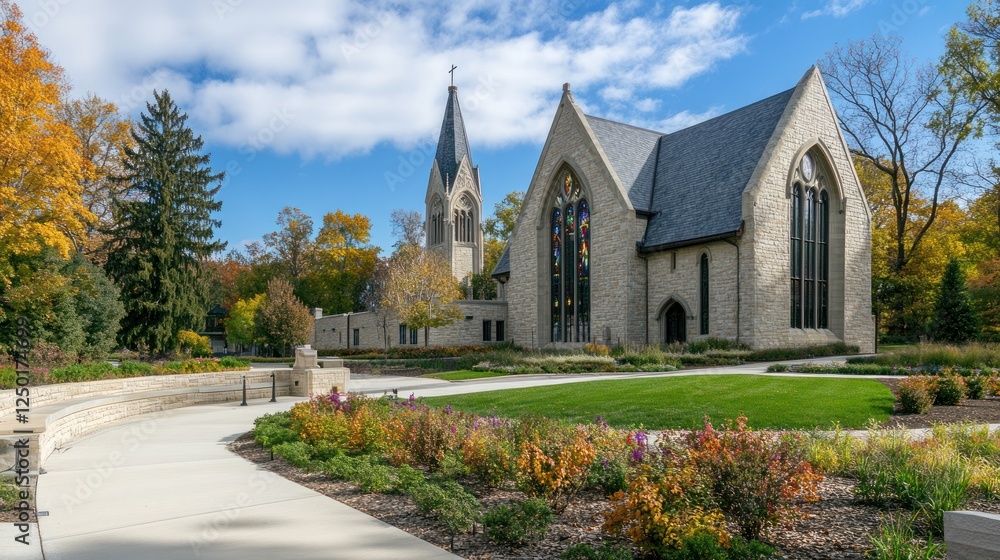 Autumnal Serenity: Lakeside Chapel in Fall Foliage Autumnal Serenity: Lakeside Chapel in Fall Foliage