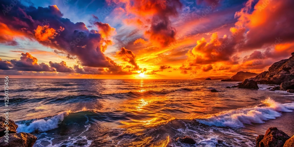 Fototapeta premium Dramatic Ocean Sunset, Low Light Coastal Scene, Golden Hour Seascape