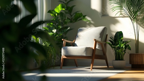 Sunlight streams into a room, illuminating a comfortable armchair surrounded by lush houseplants.