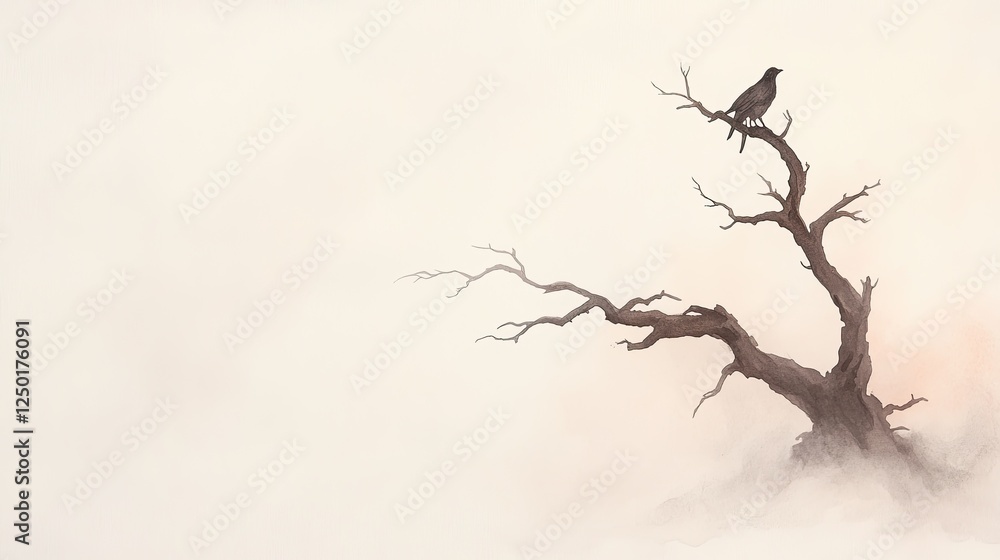 Fototapeta premium A solitary bird perched on a barren branch amidst a foggy landscape at dawn