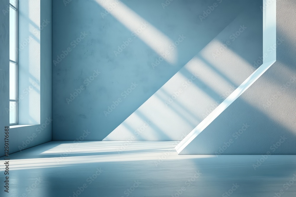 Fototapeta premium 3D render of an abstract minimal background with a white wall and two triangle shapes on the left side, providing empty space for product presentation.