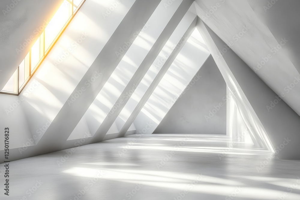 Obraz premium 3D render of an abstract, minimal background with white empty space and two triangular shapes on the left side.