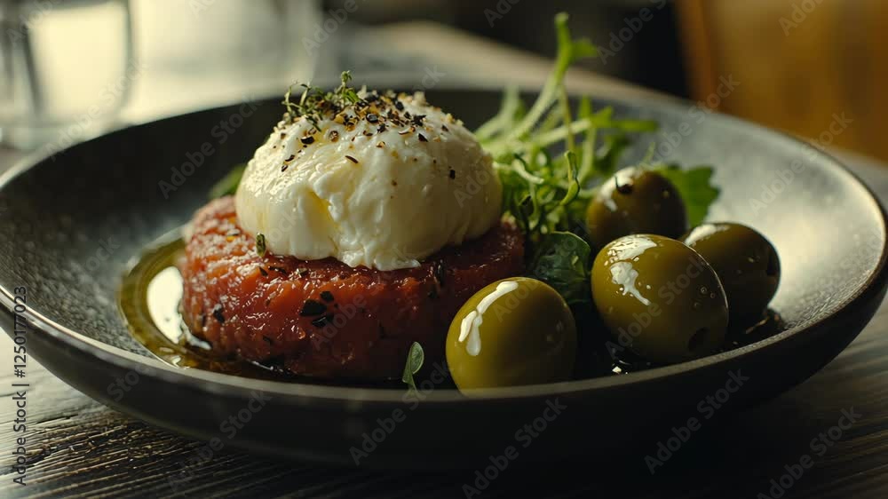 Freshly prepared dish featuring poached egg, tomatoes, and olives served at a cozy restaurant Freshly prepared dish featuring poached egg, tomatoes, and olives served at a cozy restaurant