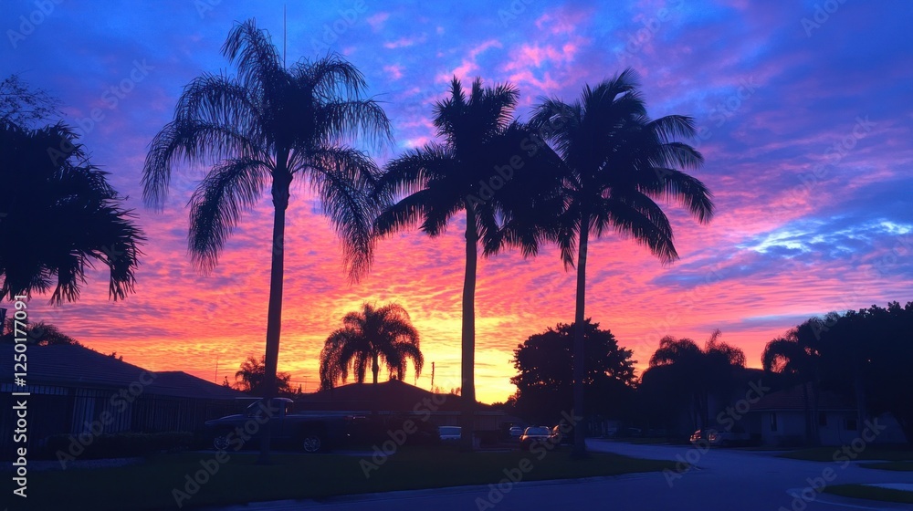 Obraz premium A vibrant sunset with palm trees silhouetted against a colorful sky.