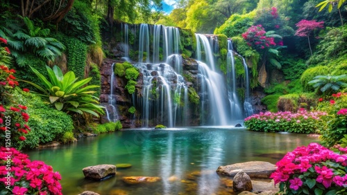 Serene waterfall surrounded by lush greenery and vibrant flowers in a natural setting , foliage, garden,  foliage, garden