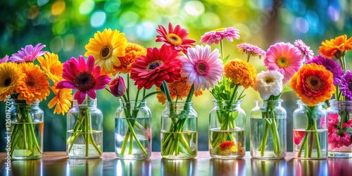 Wallpaper Mural Panoramic Photography of Colorful Flowers in Glass Vases, Capturing Nature's Beauty with Vibrant Blooms, Artistic Floral Arrangements, and Crystal Clear Reflections Torontodigital.ca