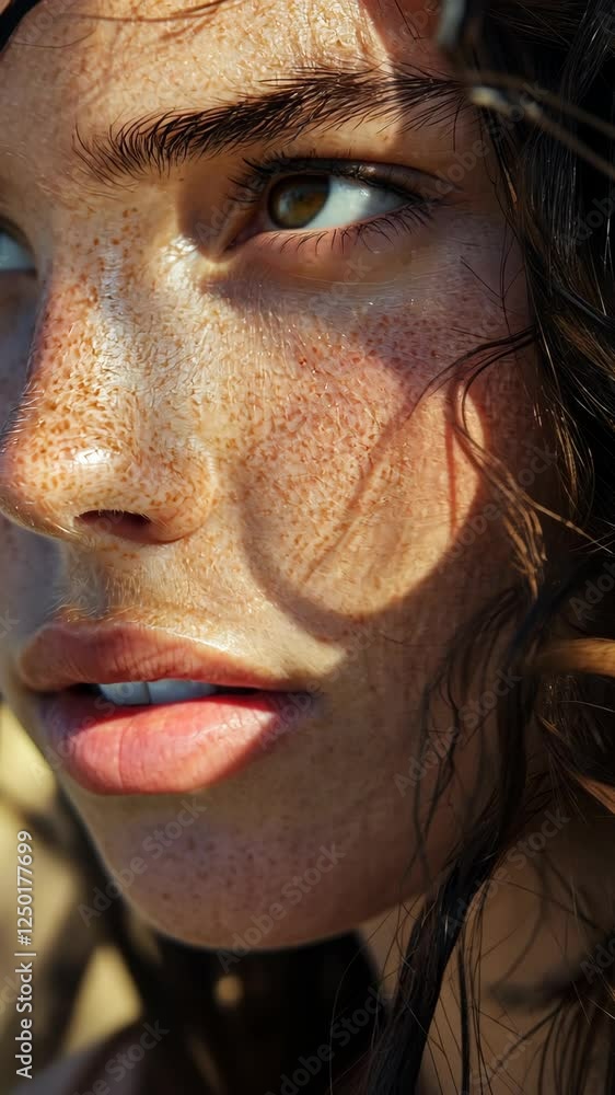 Portrait of a person showcasing natural freckles and soft sunlight reflecting on facial features during a warm afternoon Portrait of a person showcasing natural freckles and soft sunlight reflecting on facial features during a warm afternoon