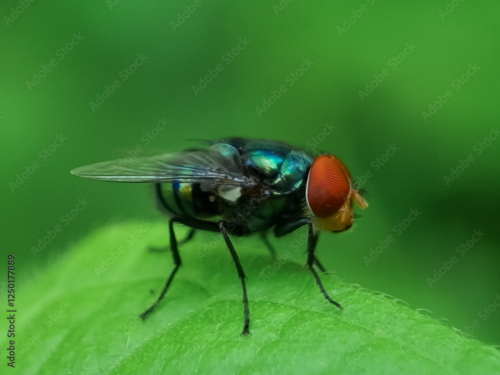 Close up of Calliphora vomitoria flies on branch in the morning with blur background. Macro lens Close up of Calliphora vomitoria flies on branch in the morning with blur background. Macro lens