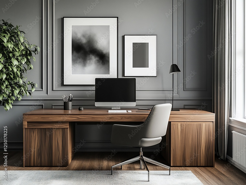 Fototapeta premium Modern home office with dark wood desk, gray walls, computer, and artwork.
