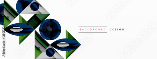 Geometric abstract composition with intersecting shapes, circles, triangles, and gradients, blending vibrant colors and dynamic contrasts to create a modern, futuristic visual design