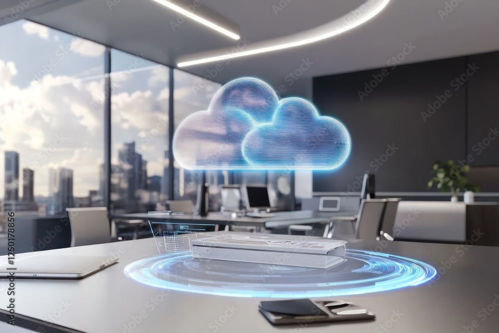 Fototapeta premium Corporate workspace displays hybrid cloud solutions with holographic visualization.