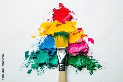 Paint brushes on a textured wooden background with artistic patterns and light effects
