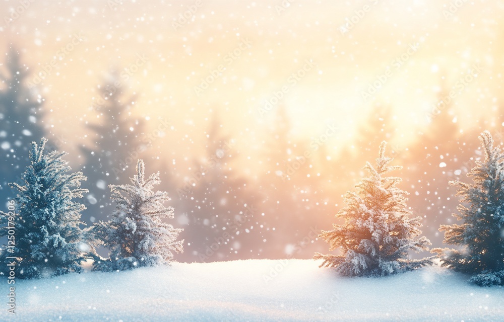 Snowy winter landscape with frosted pine trees at sunrise. Snowy winter landscape with frosted pine trees at sunrise.