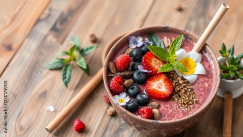 Fresh Smoothie Bowl with Berries and Flowers